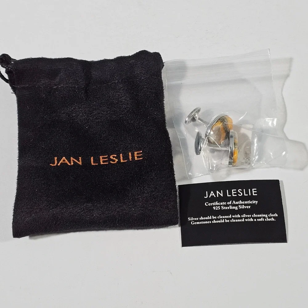 Jan Leslie Cufflinks Mens OS Yellow Bumble Bee Jasper 925 Sterling Silver Oval